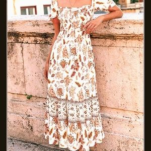 Zesica Boho Floral Print Maxi Dress Smocked Off Shoulder Rayon Festival L